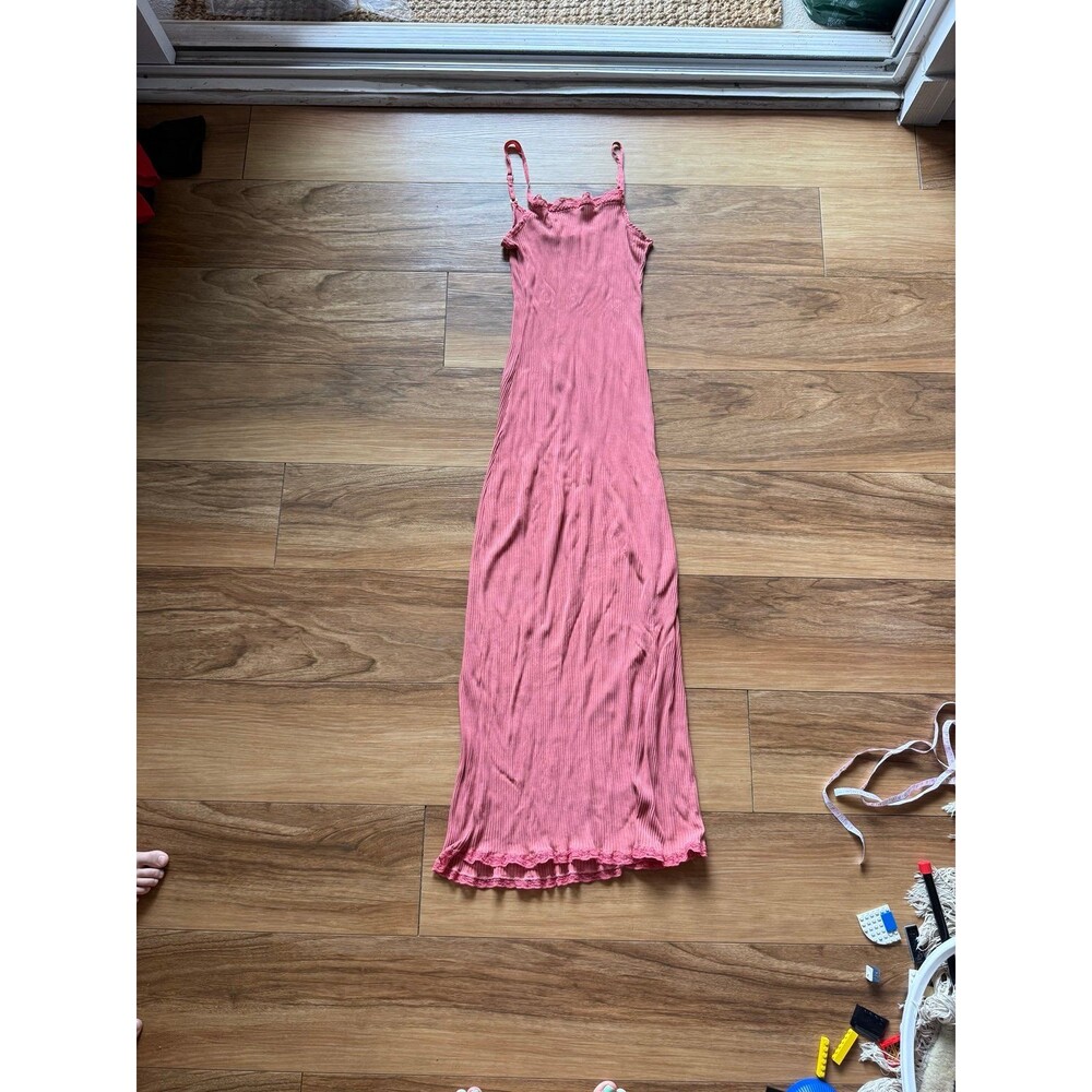 Vintage HANRO of Switzerland 100% Silk Ribbed Lace Trim Maxi Nightgown XS Pink